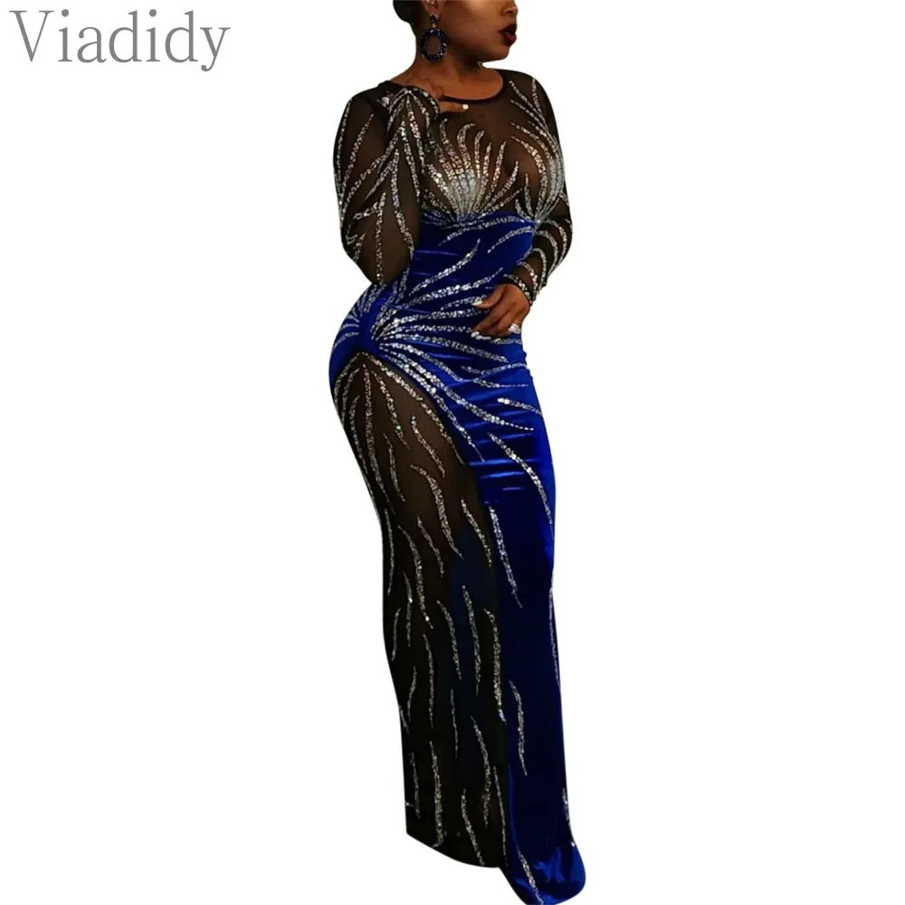 Robe de soirée en velours pour femmes, Sexy, transparente, maille transparente, épissée, décor de strass, longueur au sol
