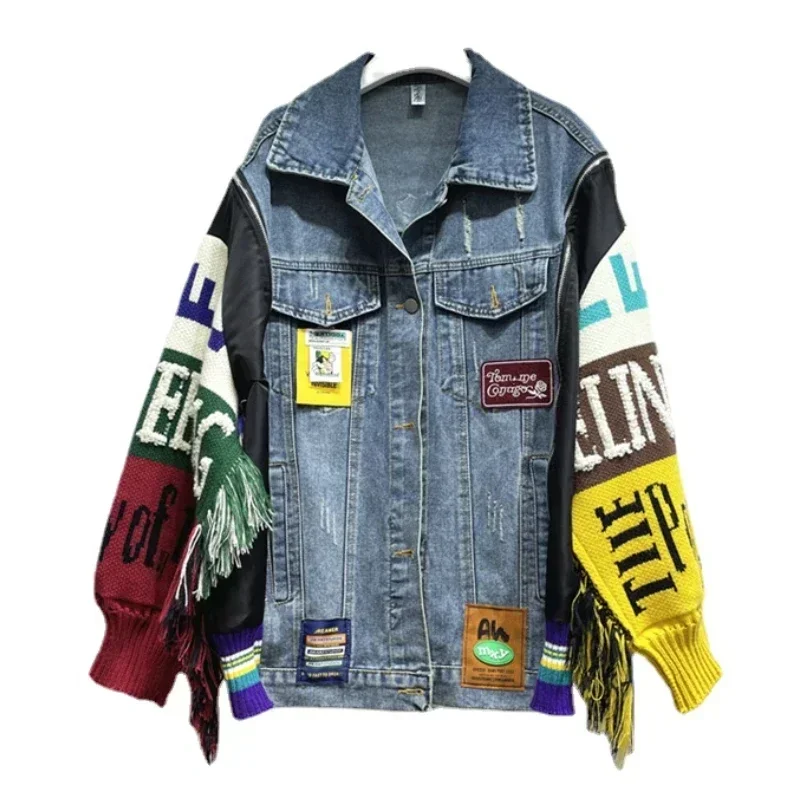 

Women Letters Badges Embroidery Denim Coat Knit Spliced Sleeve Sweater Tassels Jeans Jacket Streetwear Cardigan Tops Chaquetas