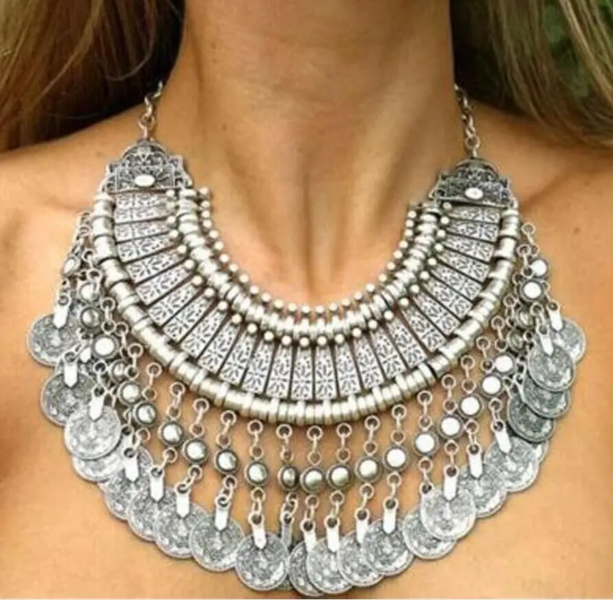 

Gypsy Vintage Silver Gold Beach Choker Coin Tassel Bib Statement Necklace For Women Festival Jewelry