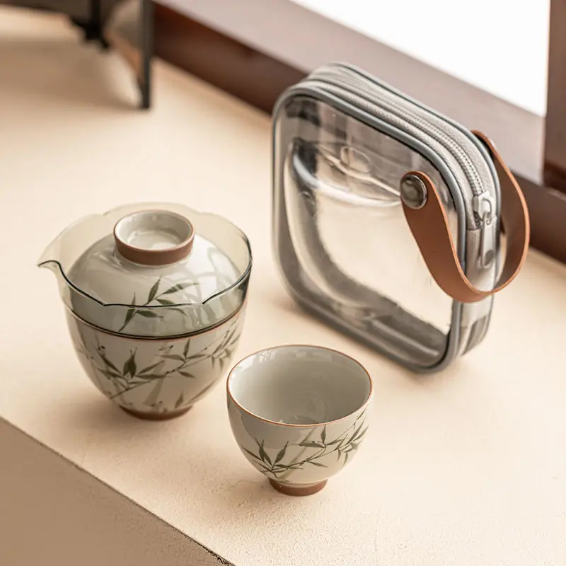 Hand-painted Emerald Green Asparagus Fern Travel Tea Set,Portable One Pot and Two Cups Ceramic Quick Brewing Cup Set