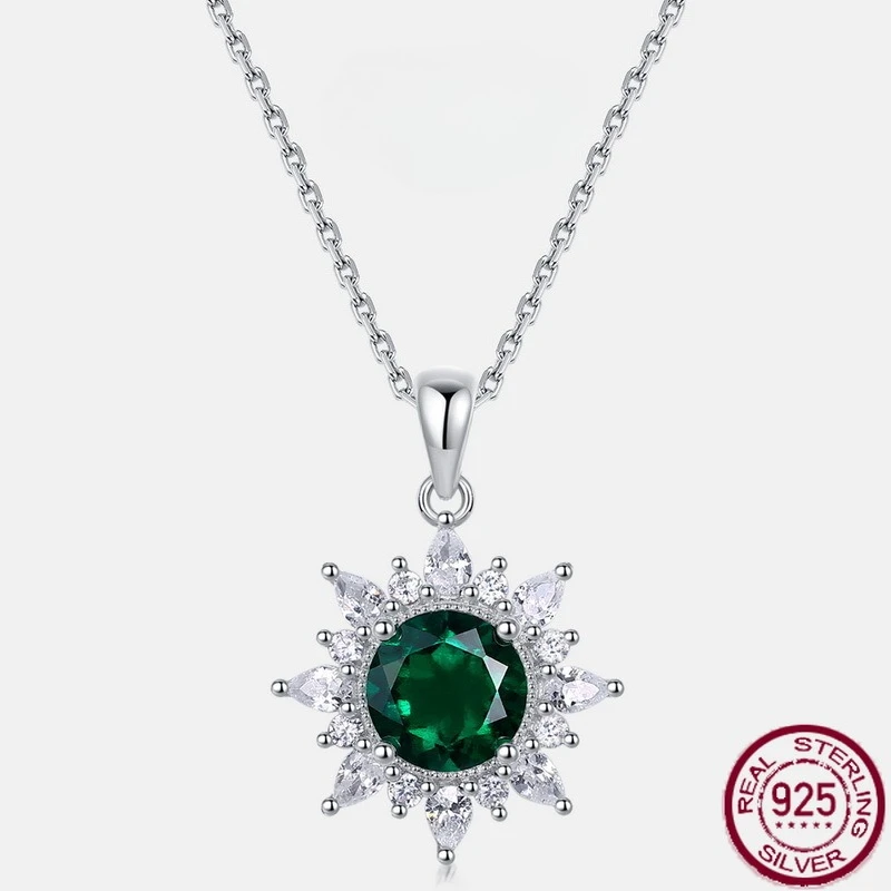 

New S925 pure silver sunflower emerald inlaid cultivation color treasure necklace European and American wedding jewelry