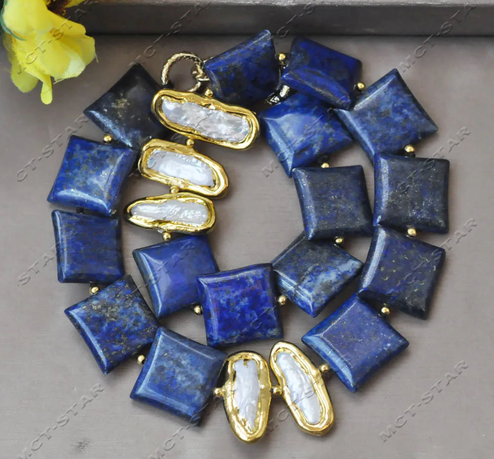 

MTC·STAR Синий лазурит Белое жемчужное ожерелье Biwa 18 дюймов 30 мм Квадратная монета Элегантный ювелирный аксессуар (Z13080)