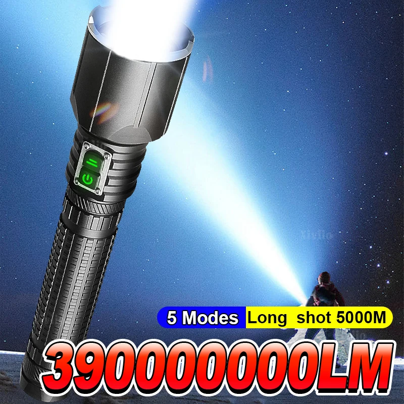 

390000000LM Strong Light High Power LED Flashlight Super Rechargeable Powerful XHP160 Torch Outdoor Camping Fishing Hand Lantern