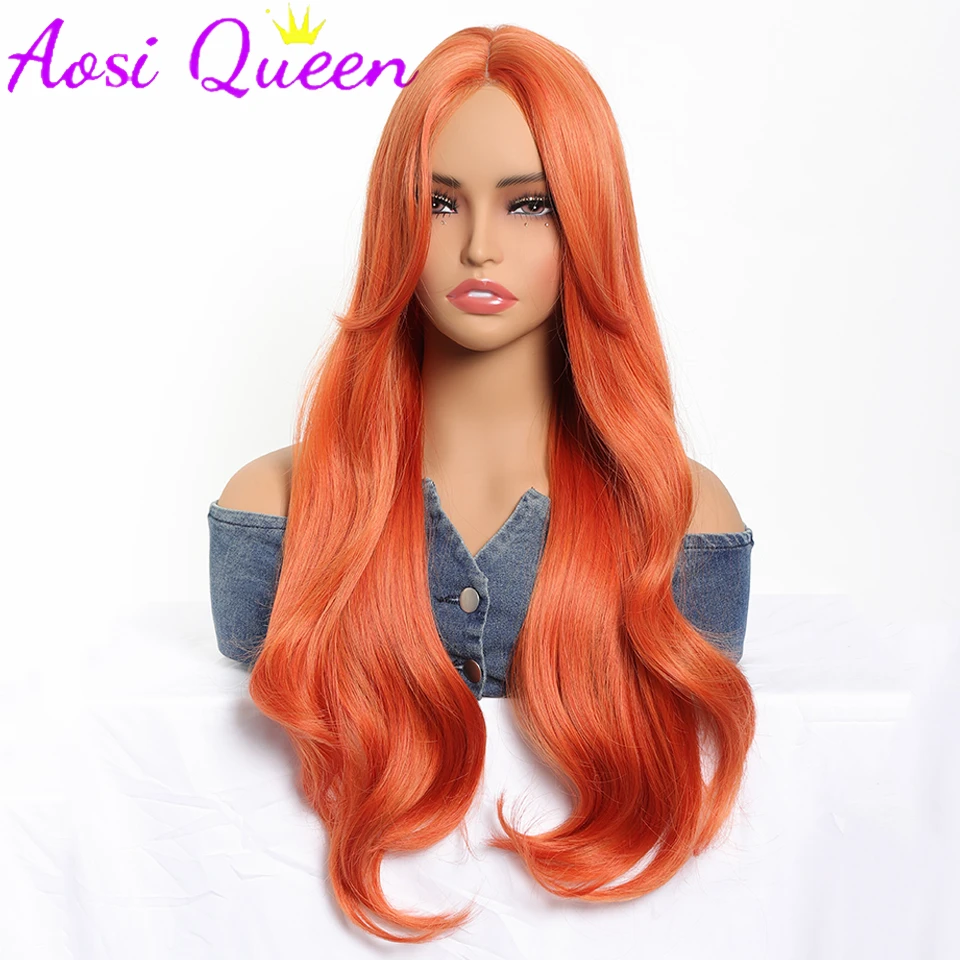 Aosi Dirty Orange Long Wavy Synthetic Wigs Middle Part Natural Wave Wig Heat Resistant Cosplay Party Daily Hair Wig for Women