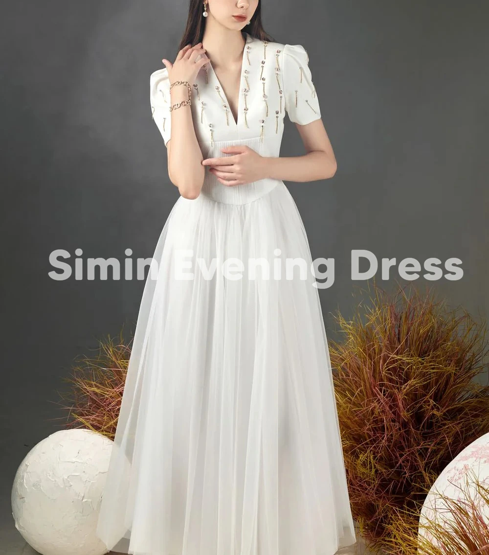 Simin المرأة الخامس الرقبة الفراء مطرز تول ألف خط فساتين سهرة بسيطة بأكمام قصيرة الكاحل طول فساتين أنيقة رسمية 2025 #6