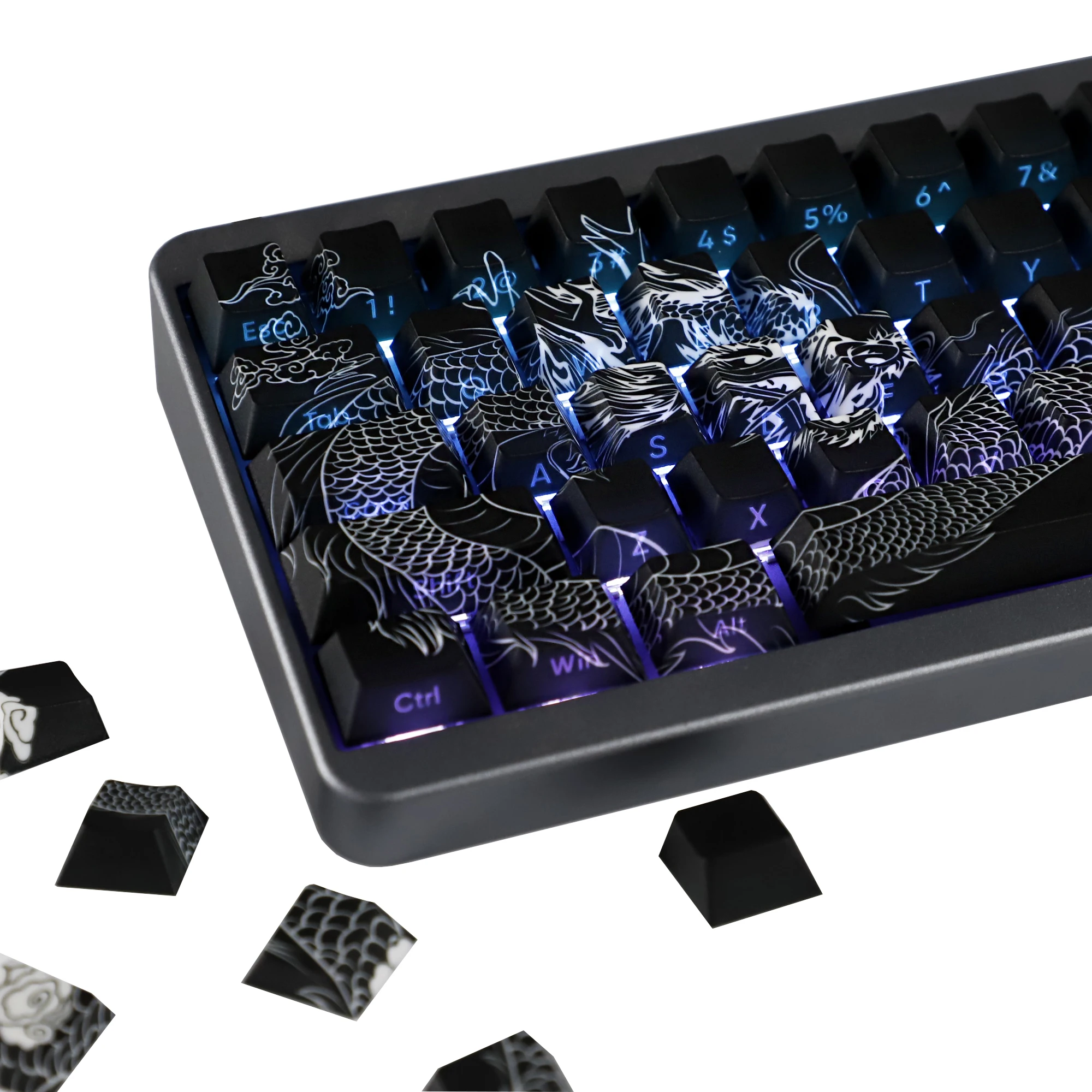 YMDK Chinese Dragon Shadow Side-lit PBT Dye Sub Cherry Profile Shine Through Keycaps for 60/61/64/68 MX Mechanical Keyboard