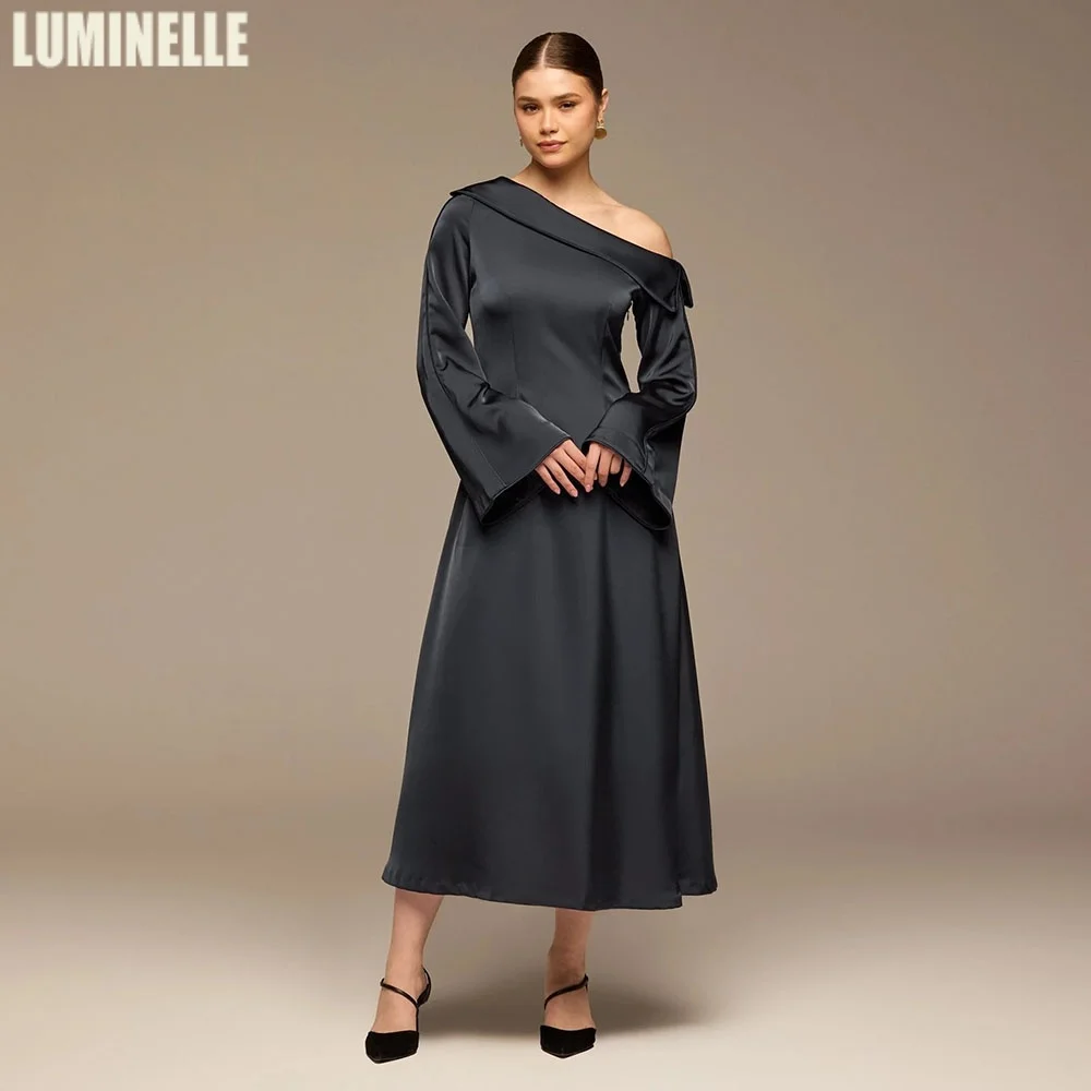 

Gray Satin Evening Dresses Fold Collar Bare Shoulder فساتين سهرة A-line Ankle Length Full Sleeve Summer Party Dress Customized