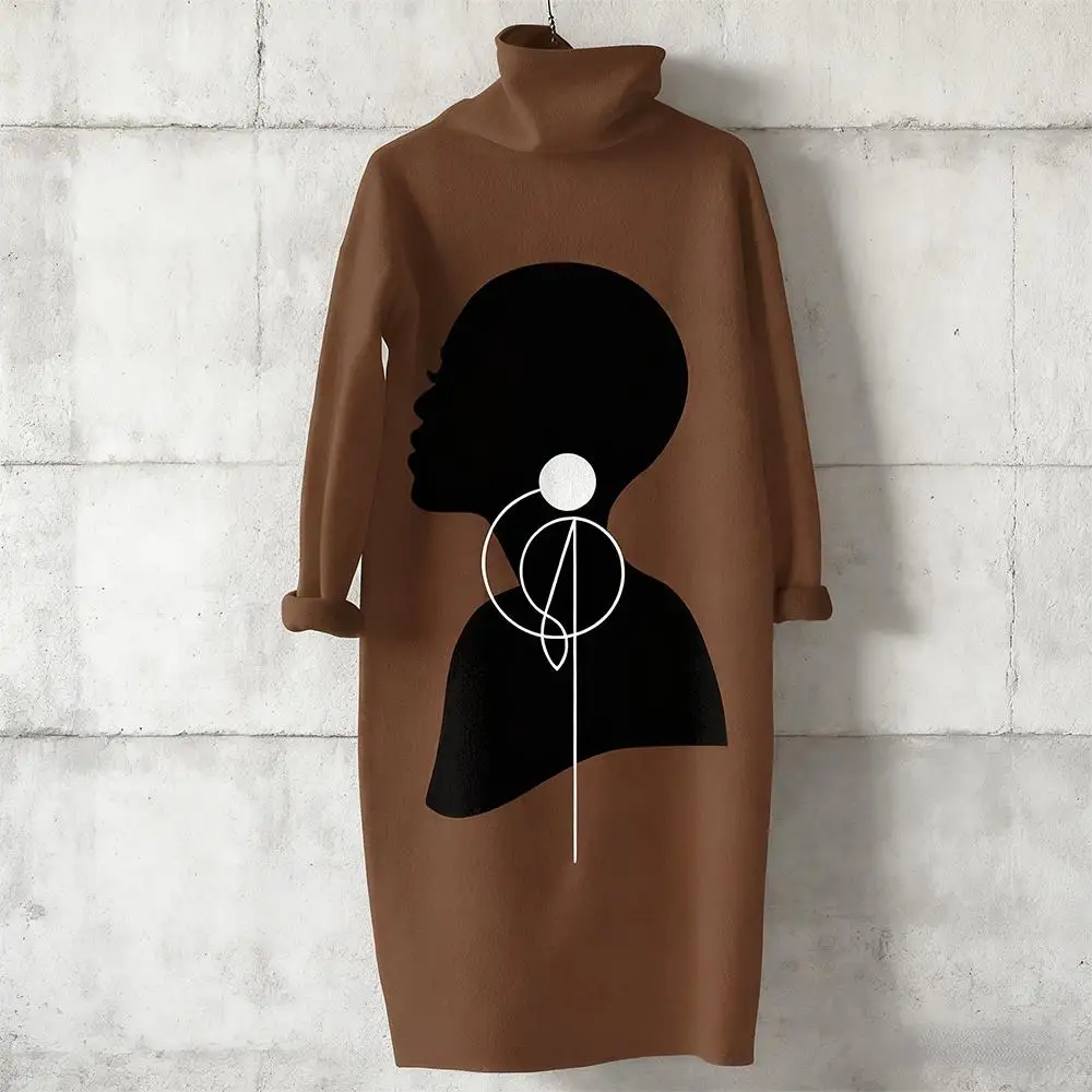 

Elegant Women's Long-sleeved Knee-length Dress Loose-fitting Minimalist Art Print Dress Casual Party Versatile Turtleneck Dress