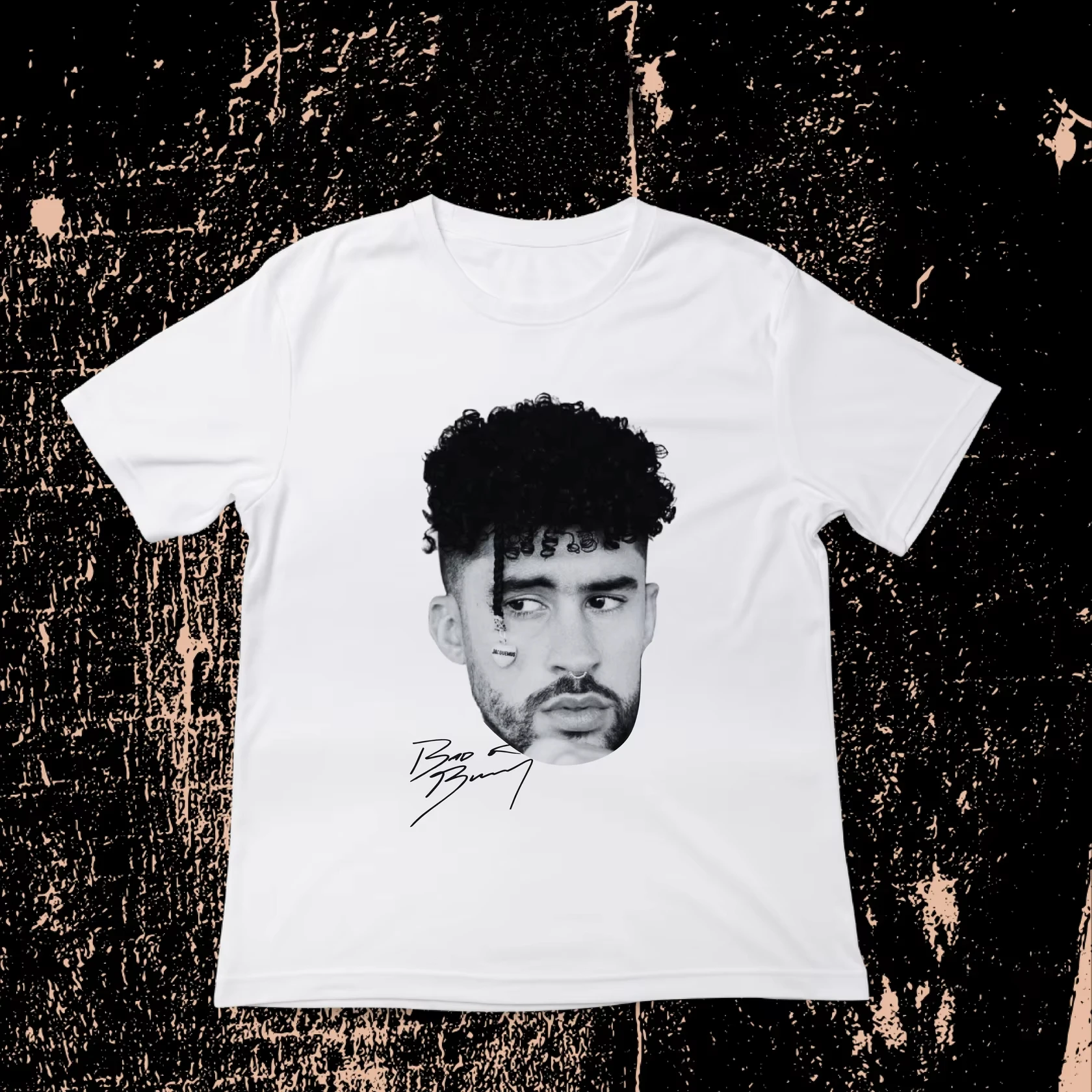 Unisex Casual Short Sleeve Tops with Black & White Portrait and Signature Print of Bad Bunny, Reggae Street Style T-shirt
