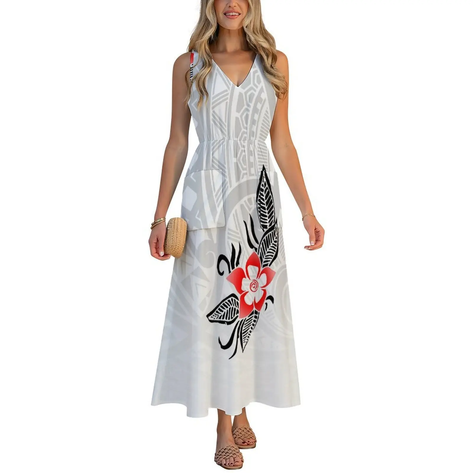 Summer Beach Women'S V-Neck Design 2026 New Style Beach Dress Customizable Pattern Beach Dress
