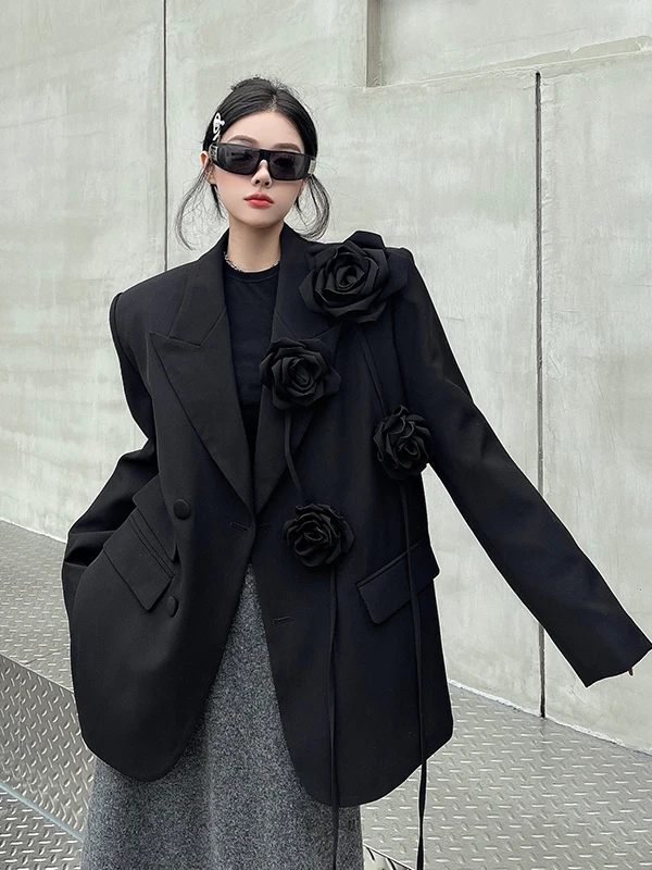 

Heavyweight Bla 3D Flower Design oulder Padded Suit Jaet for Women Luxury Loose Fit Sle Casual Commute Work Par