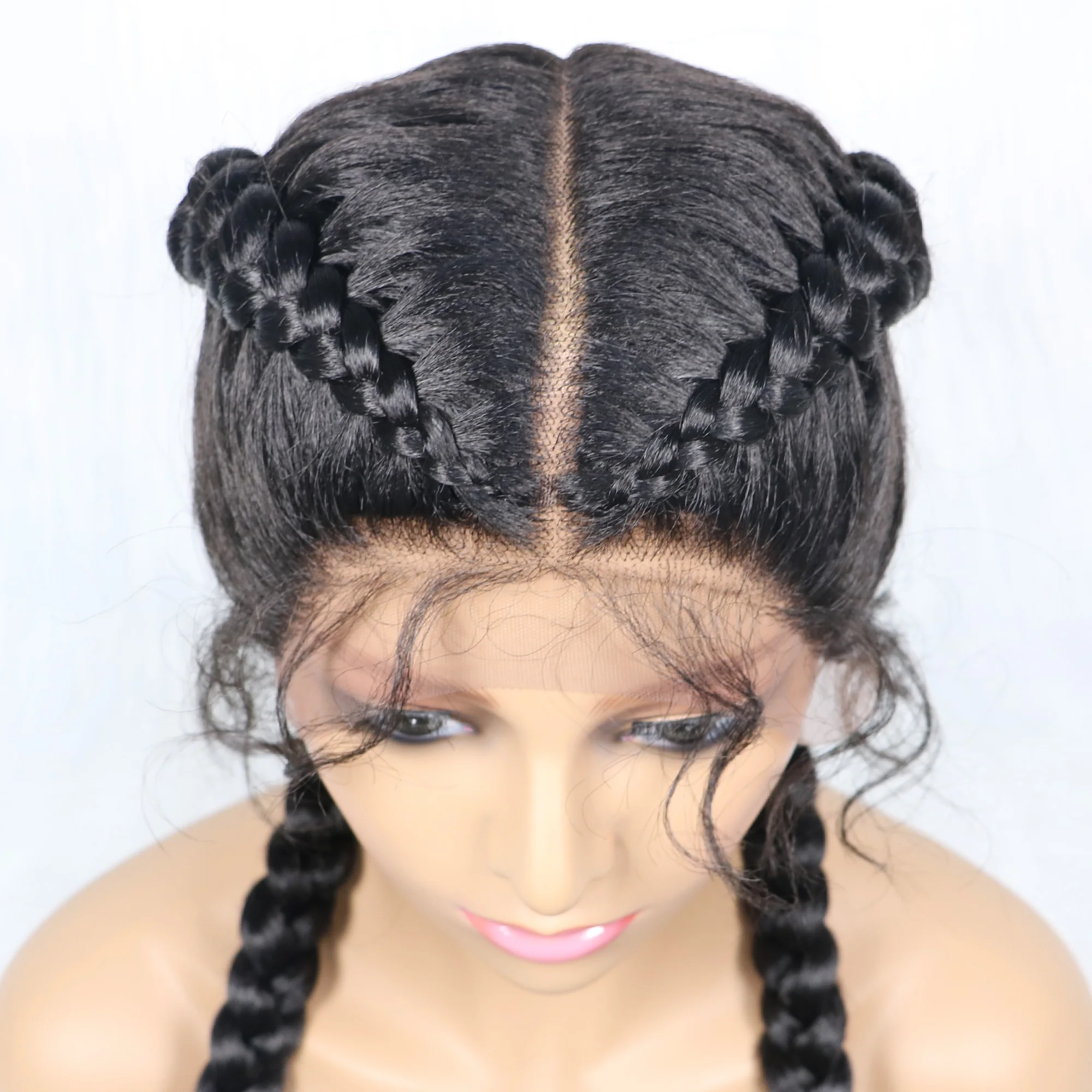Synthetic Cornrow Braided Wigs Natural Black Braided Lace Front Wig Double Dutch Braids 100% Hand Made with Baby Hairs for Women