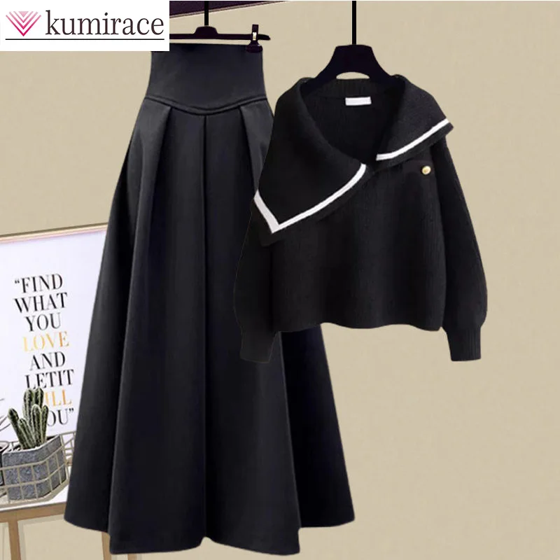 Autumn and Winter Knitted Sweater Women\'s 2024 Korean Edition New Half Open Neck Knitted Sweater Long Half Skirt Two Piece Set