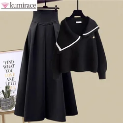 Autumn and Winter Knitted Sweater Women's 2024 Korean Edition New Half Open Neck Knitted Sweater Long Half Skirt Two Piece Set