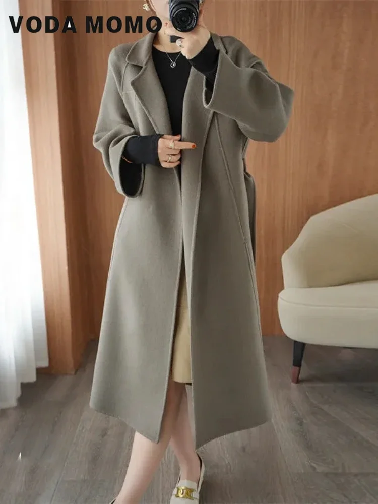 

Long Overcoat Fall Outfits Women Spring Autumn Solid Lapel Loose Woolen Coat Lace-up Fashionable Wool Jackets Versatile Korean