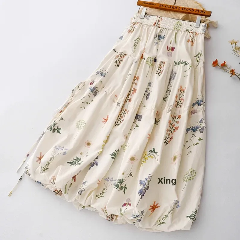 NICE Summer New Large Size Cotton Linen Print Skirt Artistic Design A- Line Half-length Skirts Floral Pattern Simple Style Women