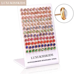 LUXUKISSKIDS 60paris/lot Cat Eyes Rinestone Small Opal Stud Earrings Set Stainless Steel Push Plug Piercing For Women/Girls/Men