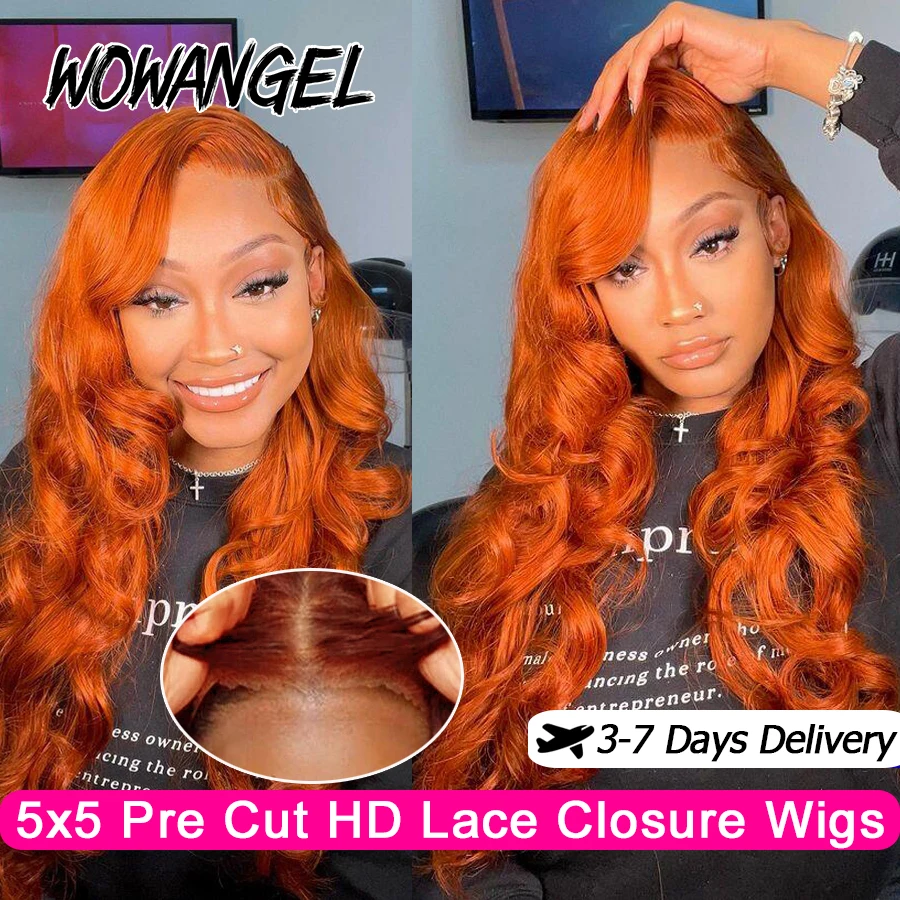 WOWANGEL Ginger Colored WIg 5x5 HD Lace Closure Body Wave Wigs Glueless Pre Cut Lace Wigs Human Hair Wigs Melt Skins For Woman