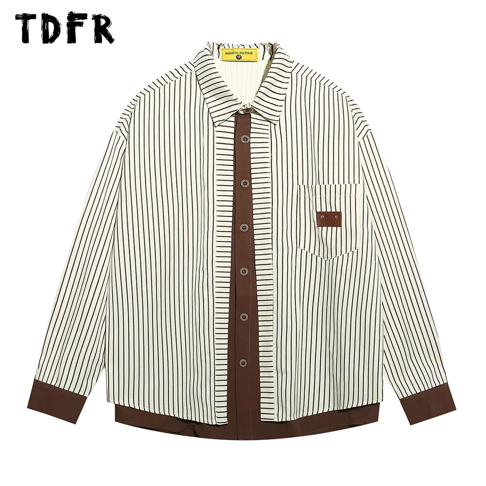 

Vertical Stripes Fake Two Pieces Shirts Mens Pocket Single Breasted Autumn Streetwear Loose Lapel Long Sleeve Shirts Men