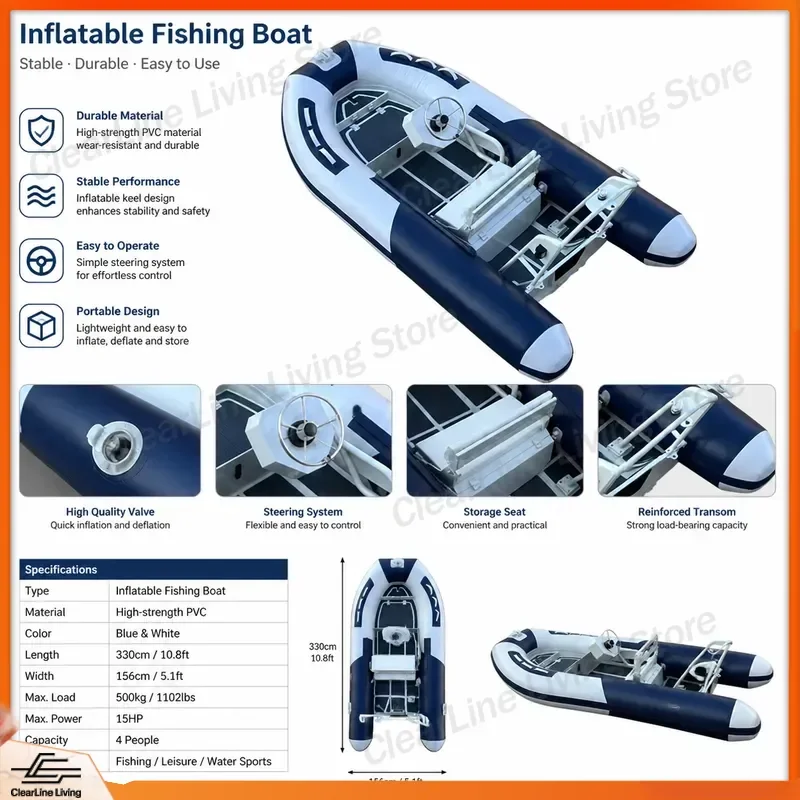 11ft Small Fishing Dinghy RIB 340 Hypalon PVC Aluminum Ribbed Inflatable Boat for Lake River Sea Kayak Canoe Tender Rescue
