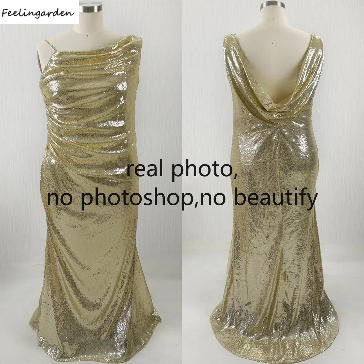 

Feelingarden Customized Real Photo Evening Dress Golden Sequins Mermaid Floor Length Plus size Woman Party Formal Gown KH009