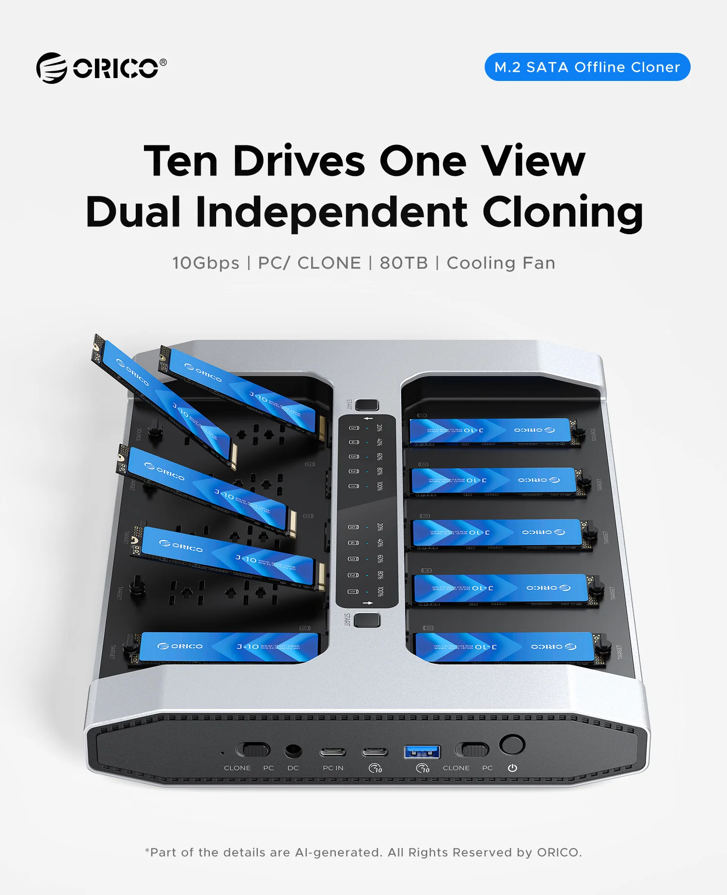 ORICO 10Gbps 10 Bay M.2 SATA SSD Cloner Enclosure Aluminum M.2 Duplicator Offline Clone USB3.2 Gen 2 Docking Station 80TB MAX