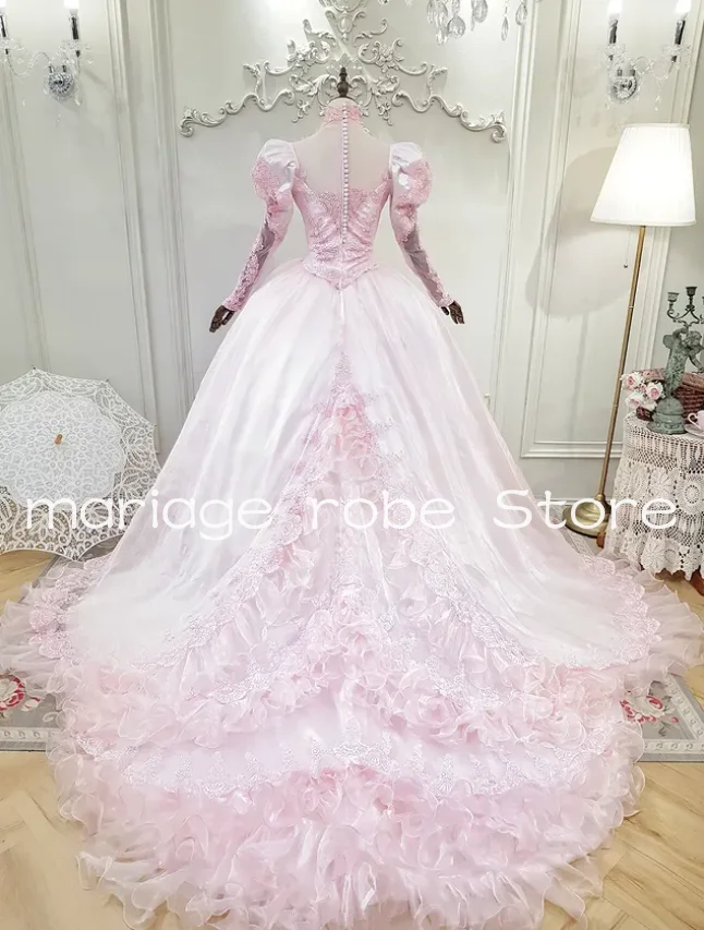 History Pink Victorian Wedding Dresses Puffy Long Sleeve Ruffles Long Train Beaded Vintage Farm Bridal Gown Customsized