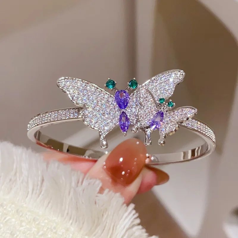 Butterfly Bracelets Silver Plated Bangles For Women White Shine Zircon Stone Fashion Jewelry Charm Party Accessories Gift
