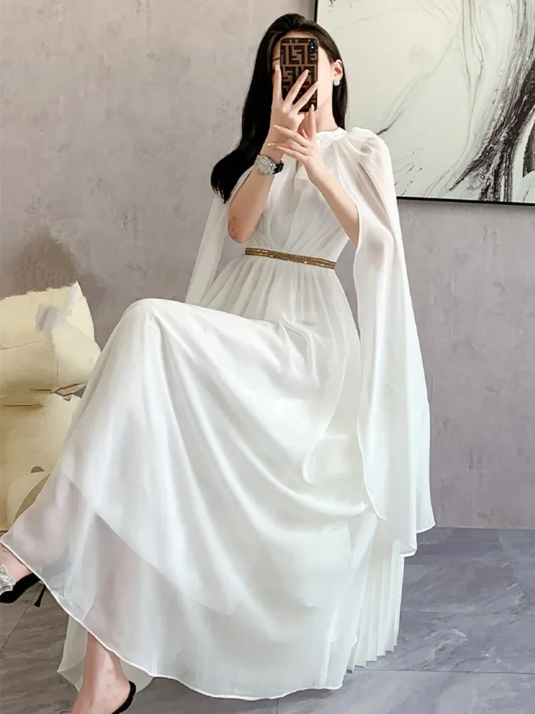 Bohemian Fashion White Chiffon Long Dress Women O-neck Sleeveless Cape  Shawl Party Robes Femme Autumn New Beaded Vestidos