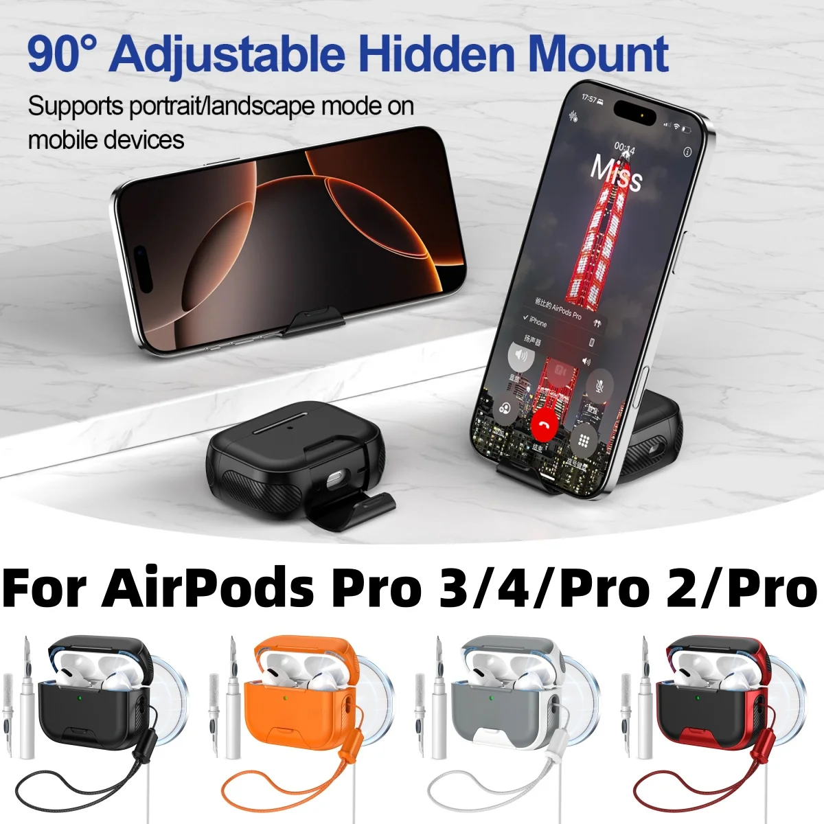 for AirPods Pro 3/4/Pro 2/Pro Compatible with MagSafe Protective Case Cover with Lanyard Phone Stand Design For Airpods 4/Pro 3