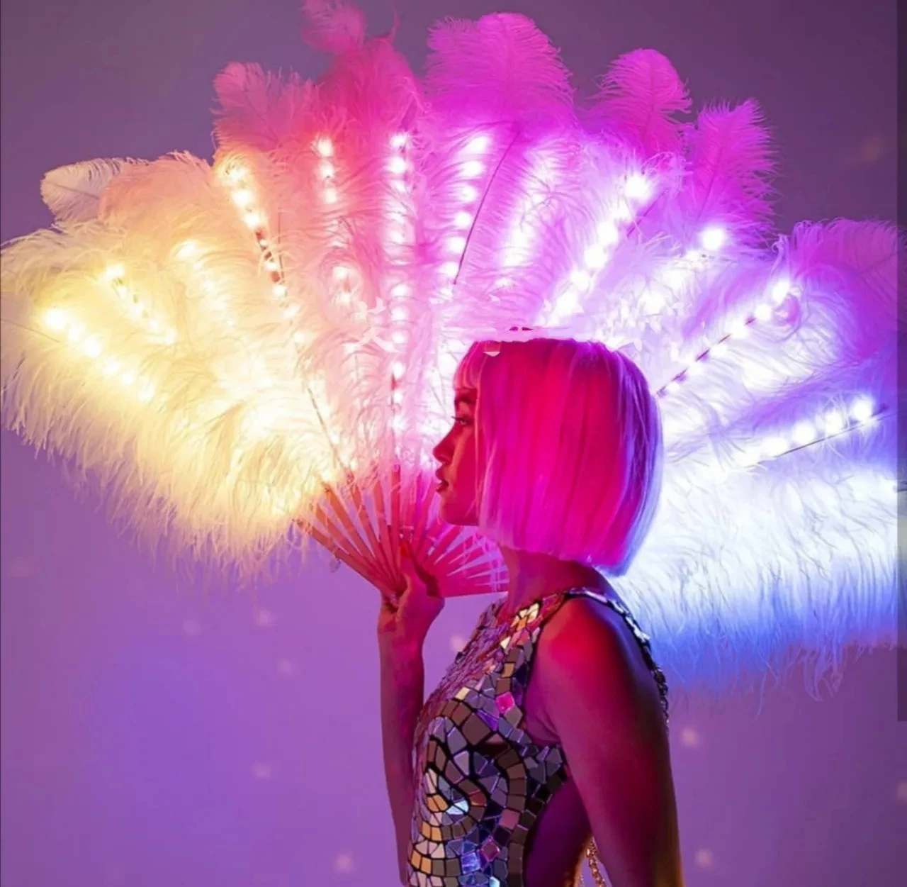 LED Colorful Luminous Fan Interactive Props for Female GOGO Party and Dance Team at Night Ostrich Hair Feather Fan Bar