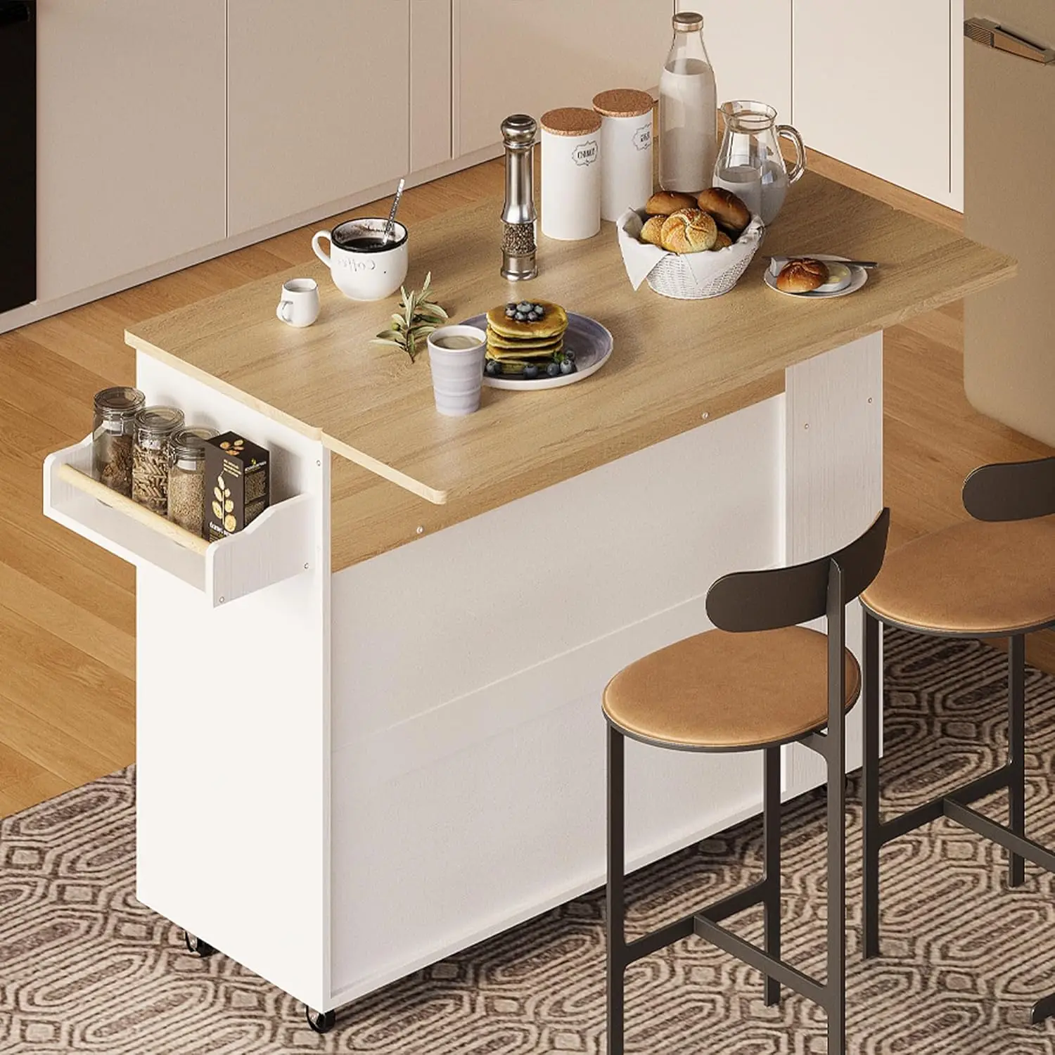 Rolling Kitchen Island with Storage, Kitchen Cart Cabinet with Drop-Leaf & Charging Station Drawer & Shelves & Spice Rack 47" W image 4