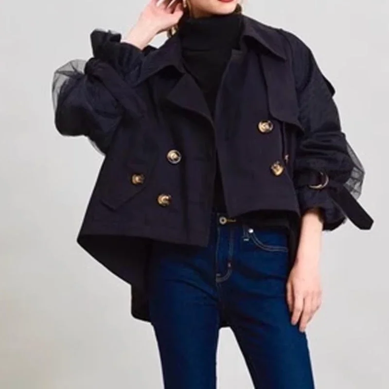 

New Turn-down Collar 2025 Spring Japanese Vintage Casual Trench Coat Double Breasted Mesh Sleeve Jacket Short Windbreaker