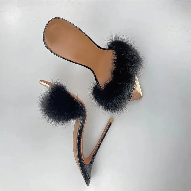 

Rabbit hairy metal pointed stiletto fashion fairy high heels34-46 size high heels sandals