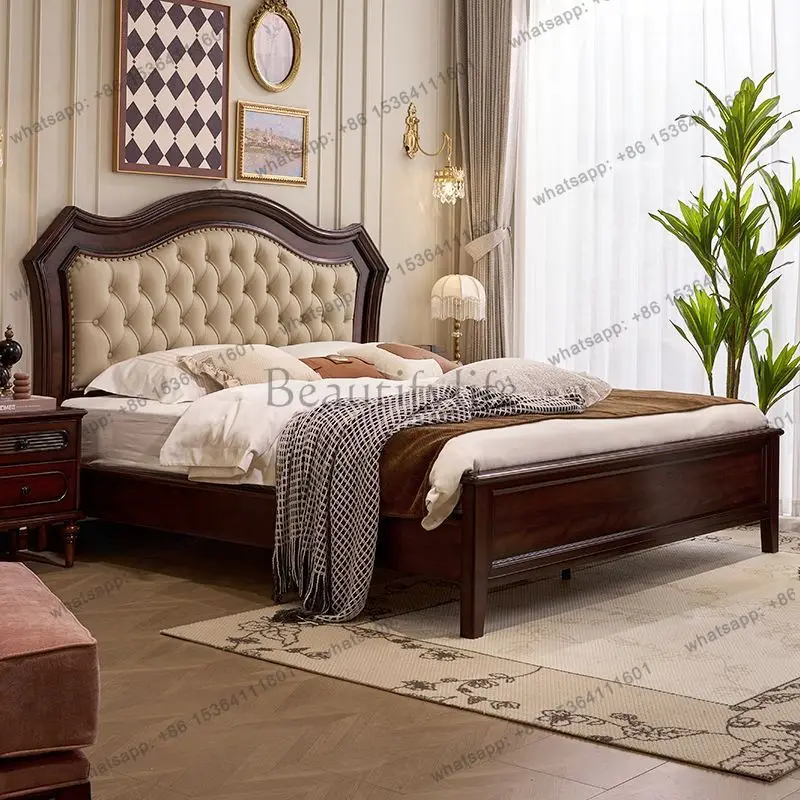 Amerikaans retro lederen massief houten eenvoudig slaapkamermeubilair hoofdslaapkamer groot bed antiek tweepersoonsbed