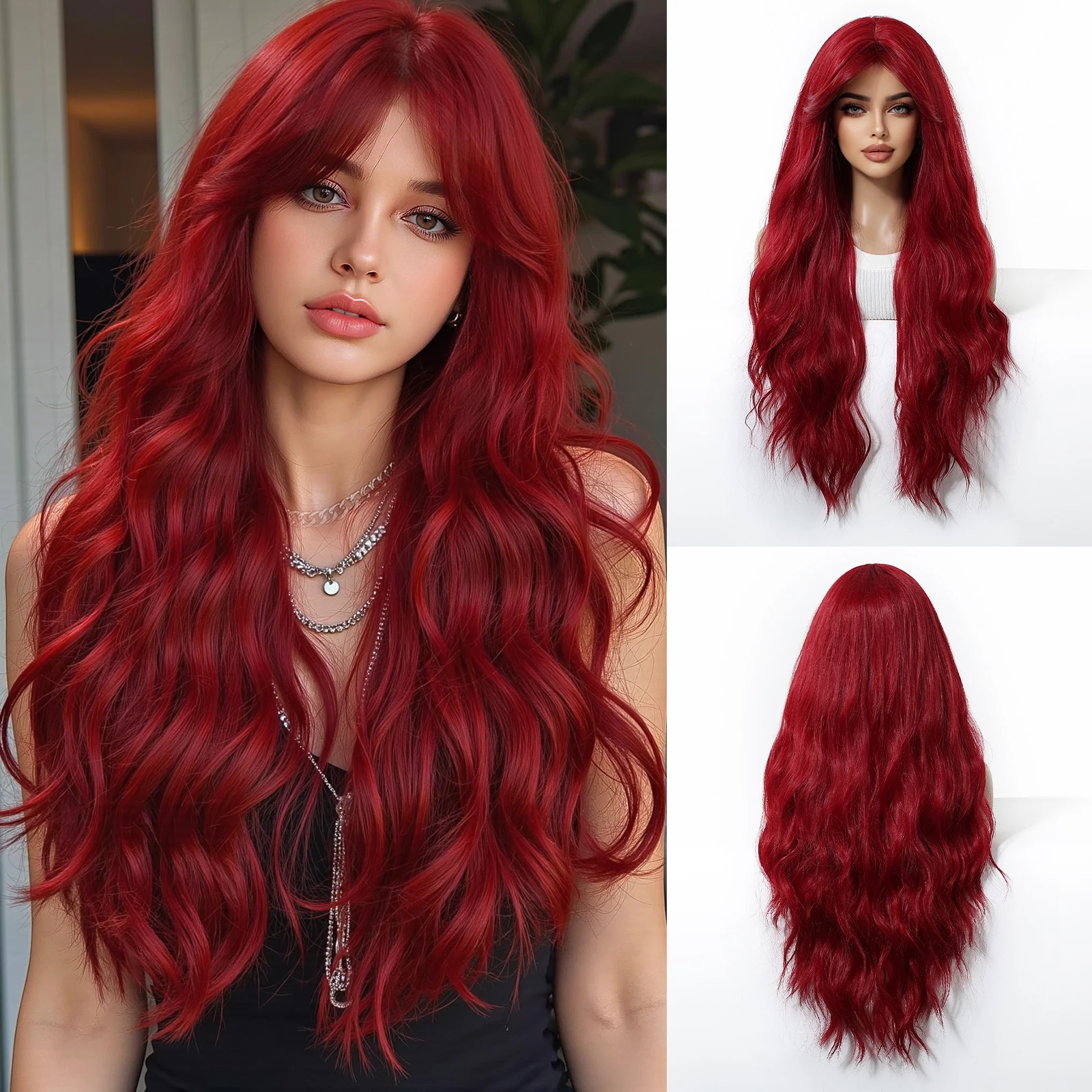 

Синтетические парики винно-красного цвета, длинный волнистый парик из волос с челкой для женщин, используемый натуральный повседневный косплей, вечерние, термостойкое волокно