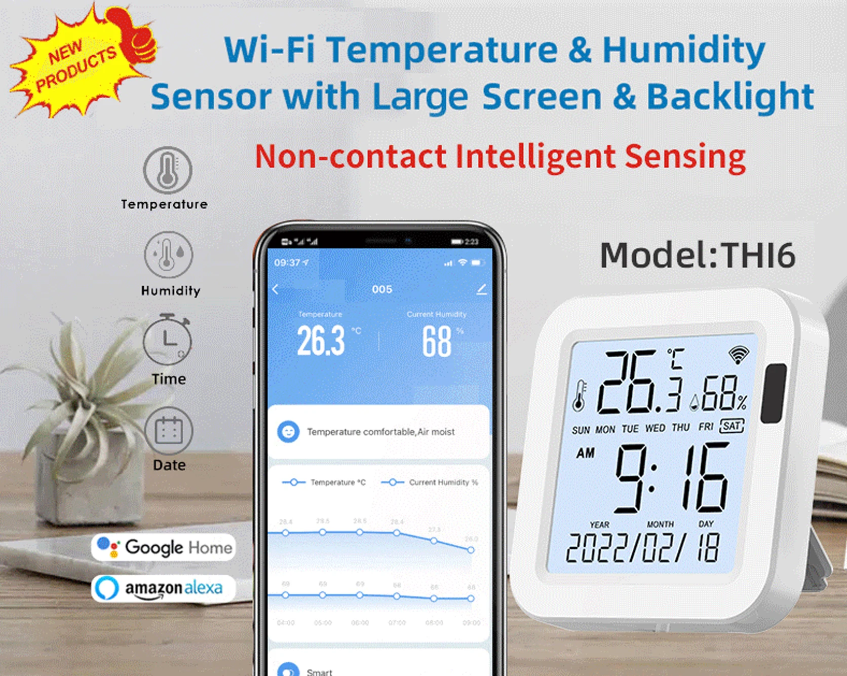 Imagem -04 - Tuya Wifi Inteligente Sensor de Temperatura e Umidade Digital Th16-a Grande Tela Lcd Indução Backlight Suporte Alexa e Google