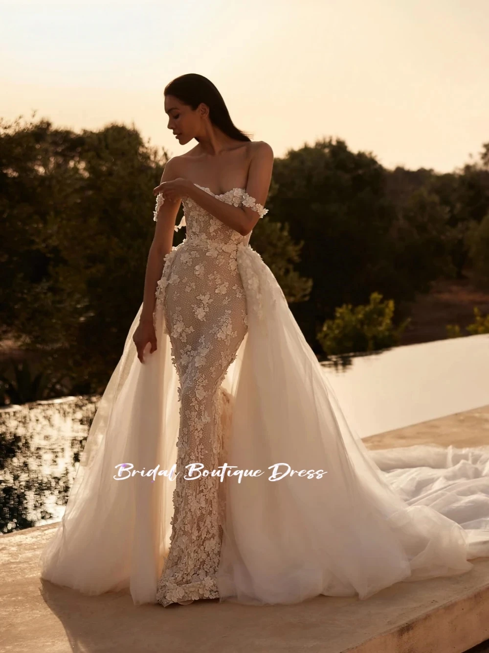 

Customized Elegance Shiny Flower Mermaid Long Wedding Dress With Detachable Train Off Shoulder Bridal Gown Dresses Vestido De