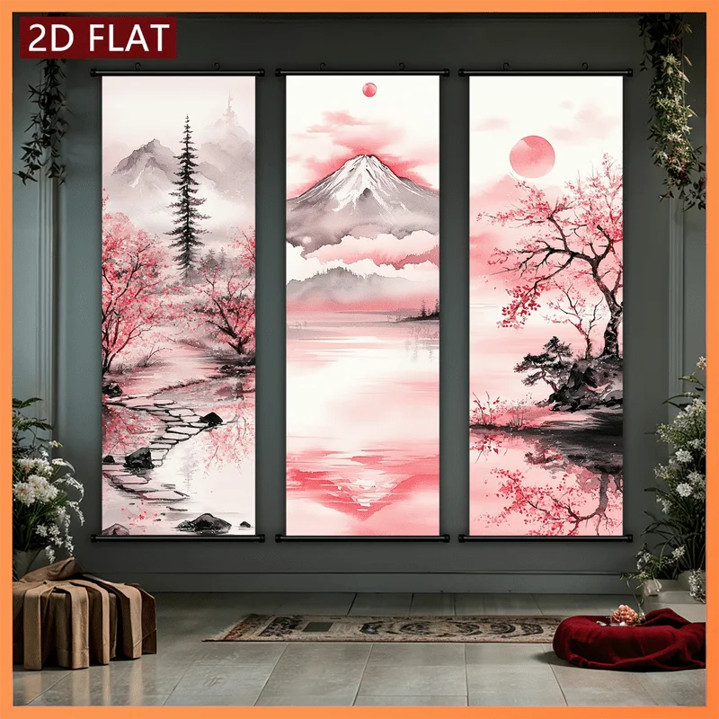 VIKAMA Cherry Blossoms and Mount Fuji Scroll Tapestry, Ink-Washed Art Pink Cherry Blossom Wall Hanging, Bedroom Wall Backdrop