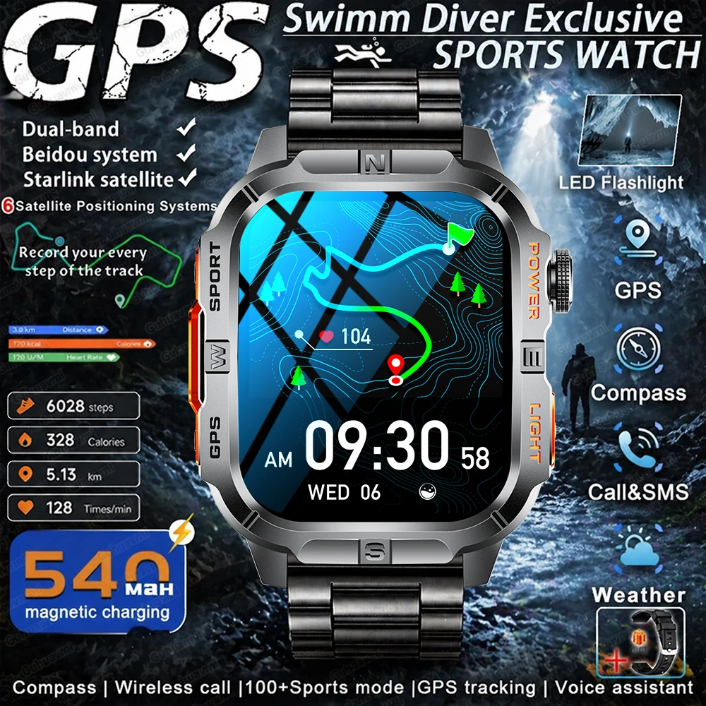 

2026 New Built-in GPS Outdoor Smart Watch 5ATM Swim Waterproof Compass 540mAh LED Lamp Compass 100+Sport Military Smartwatch men