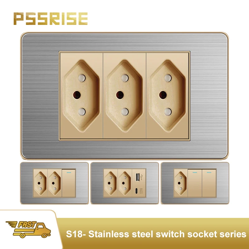 

PSSRISE Gold Brazil Standard Wall Power Socket with 2.1A USB TypeC Charger Stainless Steel Panel Light Switch Computer TV Outlet
