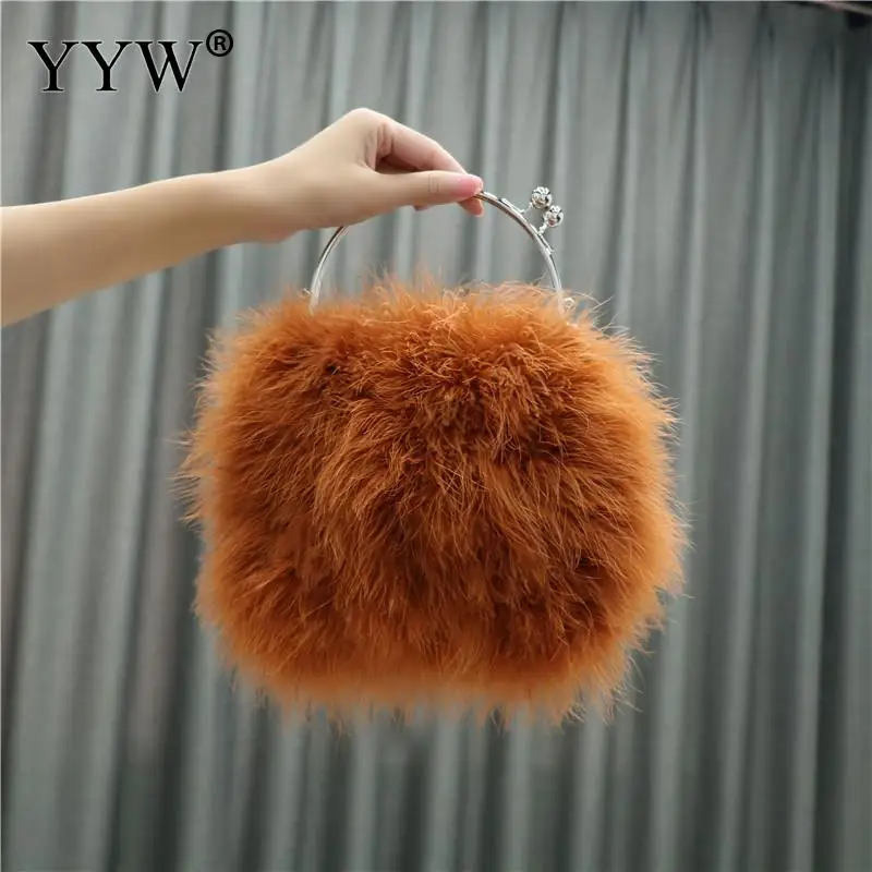 Trendy Designer Female Fur Top Handle Women\'S Bag Luxury Ostrich Feather Crossbody Purses Chain Evening Party Clutch Handbag