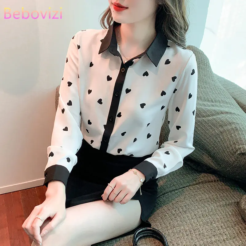 2022 Autumn New Korean Printing Long Sleeve Office Lady Chiffon Shirt Casual Fashion Women's Top