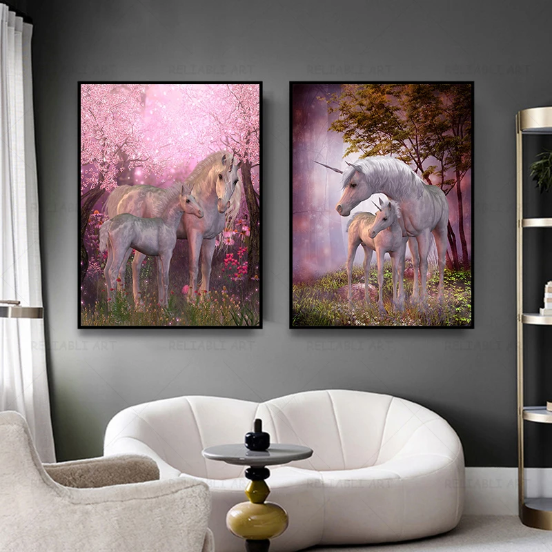 Pink Flower Tree Wonderland Unicorn Myth Animal Posters and Prints Wall Art Horse Pictures Living Room Decoration Forest Cuadros