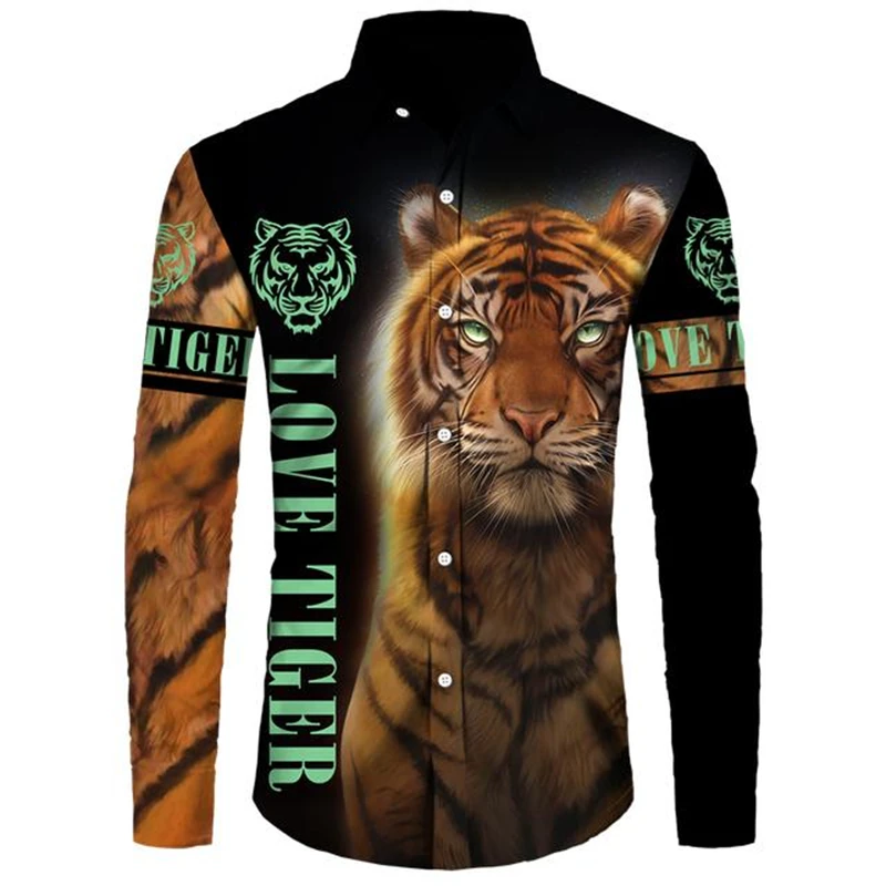 

Fashion Y2k Men Long Sleeve Shirts 3D Printed Cool Tiger Graphic Tops Spring Autumn Buttoned Fashion Casual Hip Pop Men Clothing