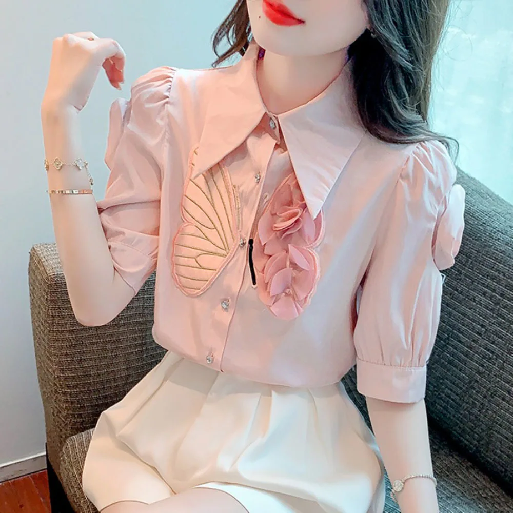 Fashion 3D Flower Blouse For Women 2024 Summer New Short Bubble Sleeve Chiffon Shirt Ladies Sweet Pink Slim Tops Female Trend