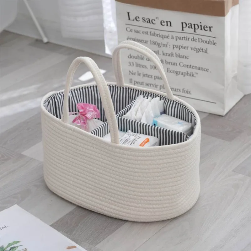 

White Handwoven Rope Basket - Detachable Storage Bin with Tassels, Multipurpose Diaper Holder & Home Organizer