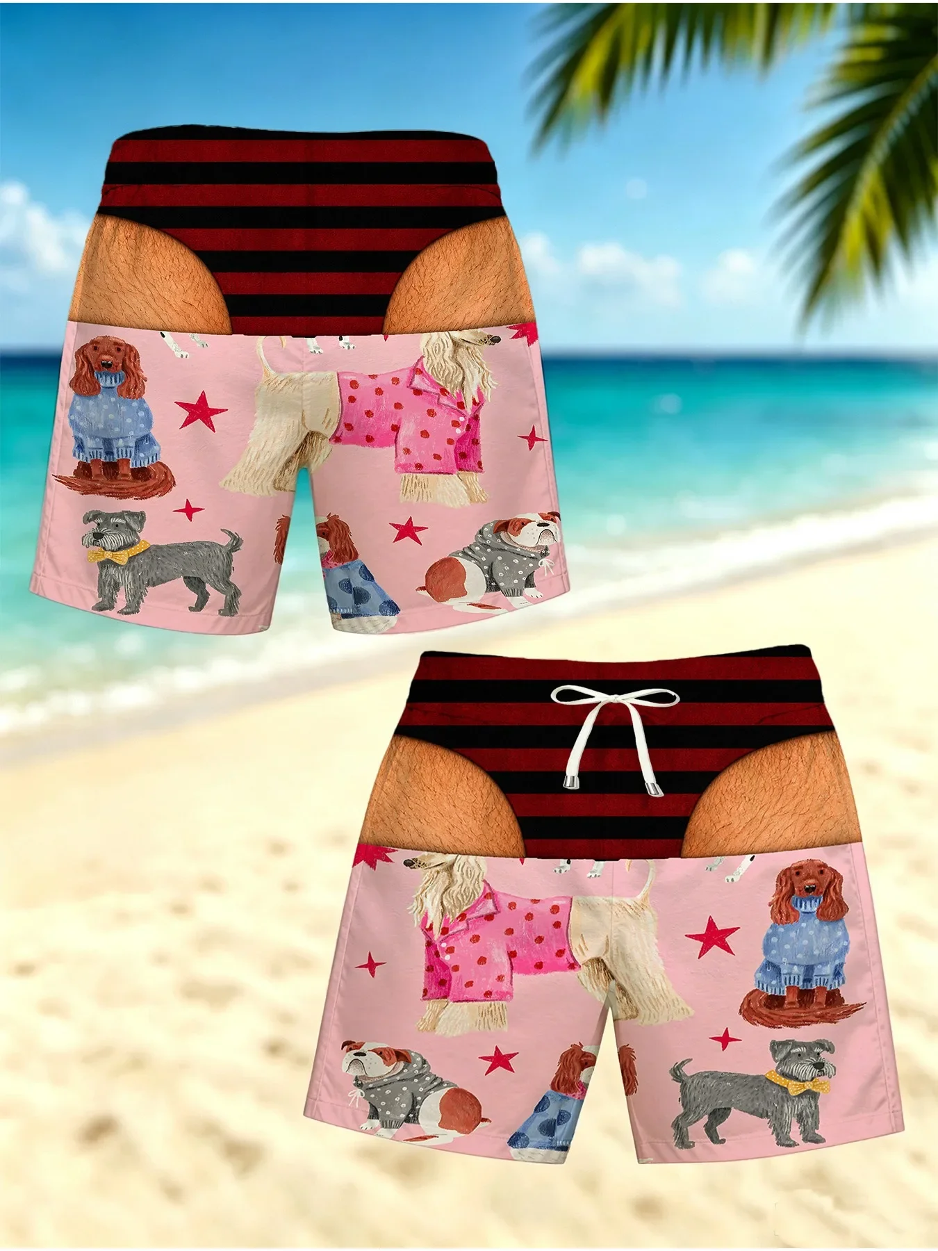 Funny Fake Striped Bikini Waist Men Swim Trunks Street Graffiti Cartoon Print Quick Dry Beach Shorts Gag Gift