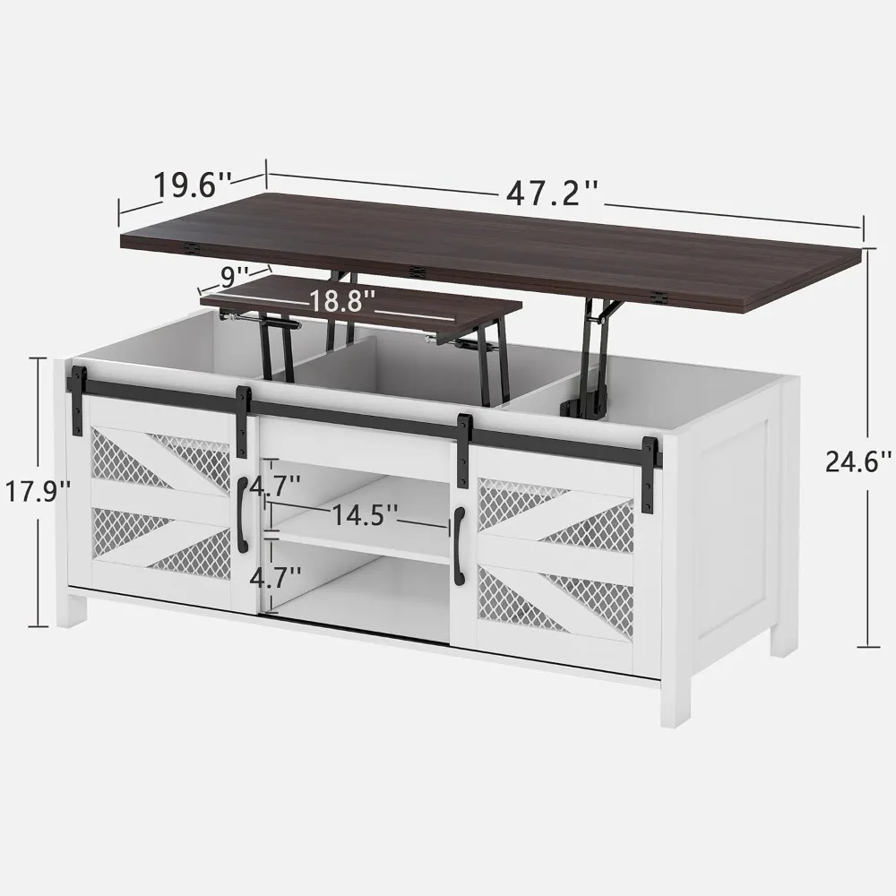 (Spring Sale) 47.2 Inch Lift Table Coffee Table, 4-in-1 Modern Coffee Table with Sliding Barn Door, Living Room Coffee Table