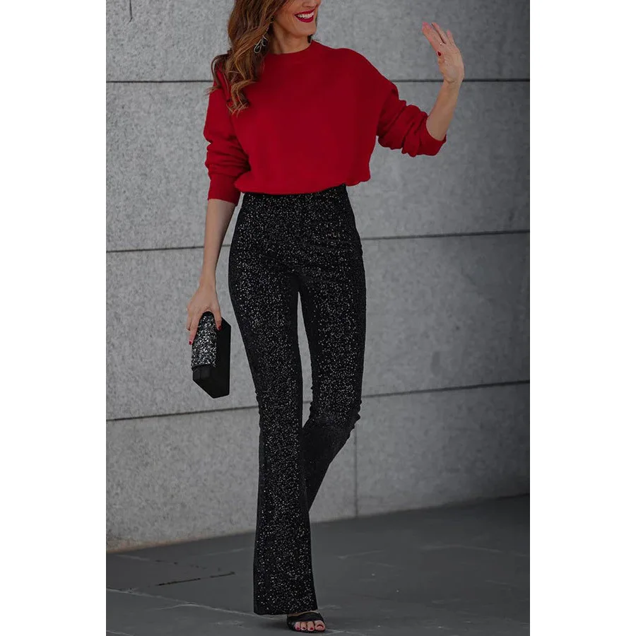Streetwear Solid Color Sequin Pants Women Fashion Trendy Slim Elastic Waist Micro Speaker Trousers All-match Female Clothing